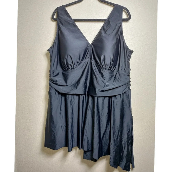 Torrid Black Wireless Asymmetrical One Piece Swim Dress With Brief Size 5 - Picture 2 of 7